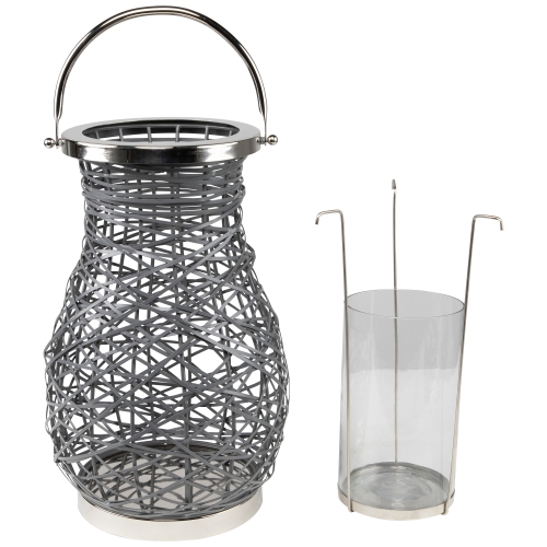 16.25" Modern Gray Decorative Woven Iron Pillar Candle Lantern with Glass Hurricane