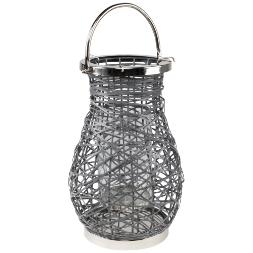 16.25" Modern Gray Decorative Woven Iron Pillar Candle Lantern with Glass Hurricane