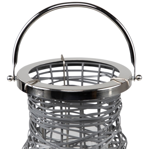 16.25" Modern Gray Decorative Woven Iron Pillar Candle Lantern with Glass Hurricane