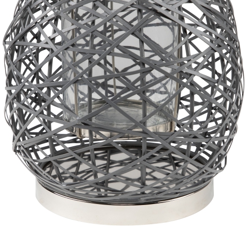 16.25" Modern Gray Decorative Woven Iron Pillar Candle Lantern with Glass Hurricane