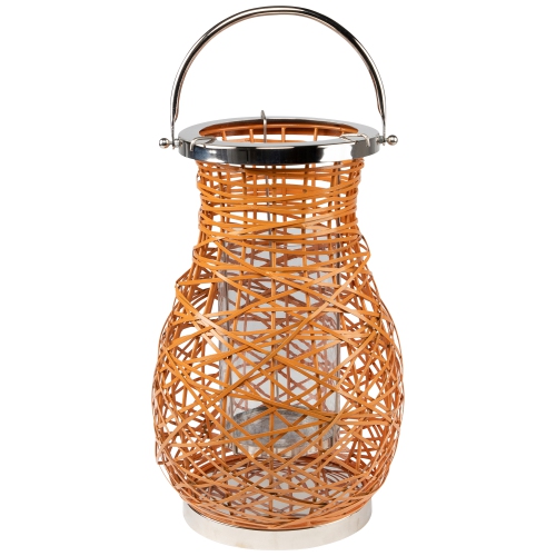 16.25" Modern Orange Decorative Woven Iron Pillar Candle Lantern with Glass Hurricane