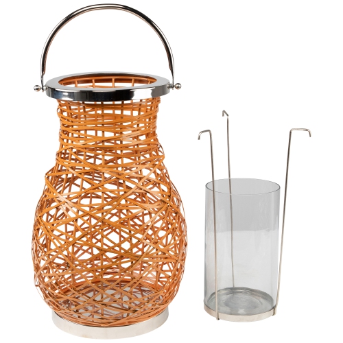 16.25" Modern Orange Decorative Woven Iron Pillar Candle Lantern with Glass Hurricane