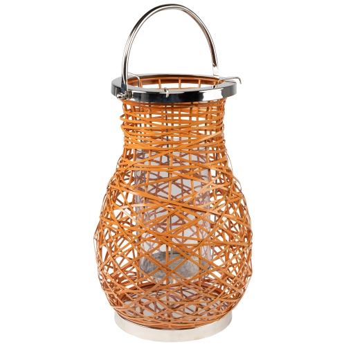 16.25" Modern Orange Decorative Woven Iron Pillar Candle Lantern with Glass Hurricane