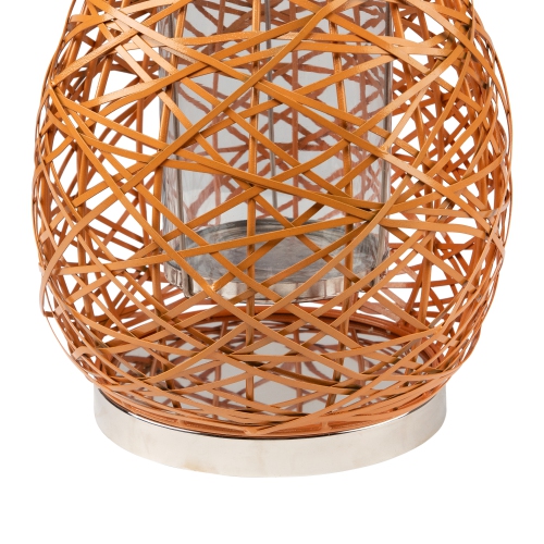 16.25" Modern Orange Decorative Woven Iron Pillar Candle Lantern with Glass Hurricane