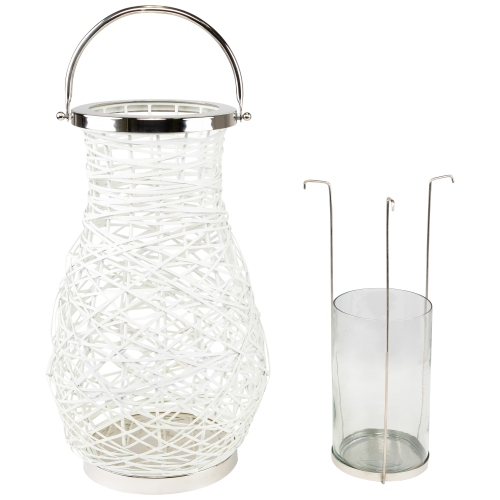 18.5" Modern White Decorative Woven Iron Pillar Candle Lantern with Glass Hurricane
