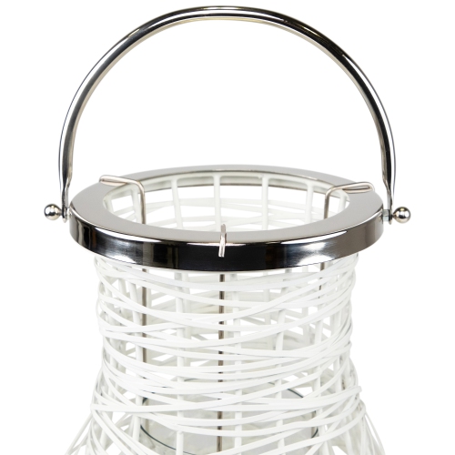 18.5" Modern White Decorative Woven Iron Pillar Candle Lantern with Glass Hurricane