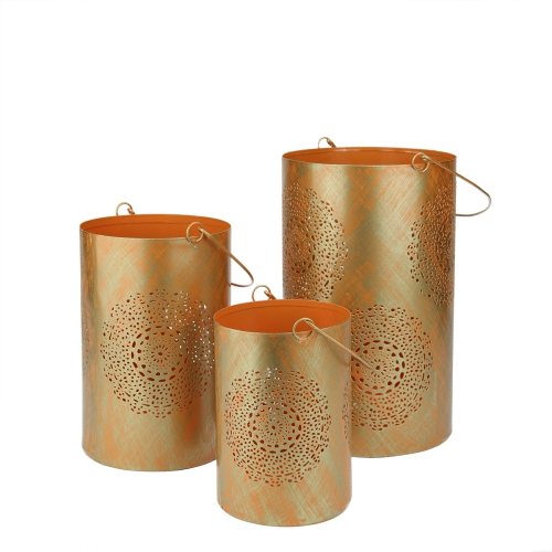 Set of 3 Orange and Gold Decorative Floral Cut-Out Pillar Candle Lanterns 10"