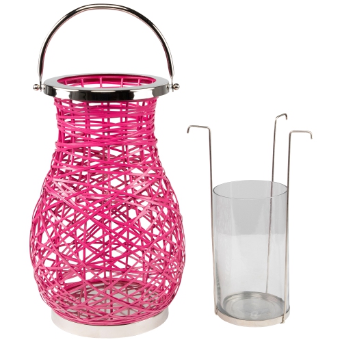 16.25" Modern Fuchsia Pink Decorative Woven Iron Pillar Candle Lantern with Glass Hurricane