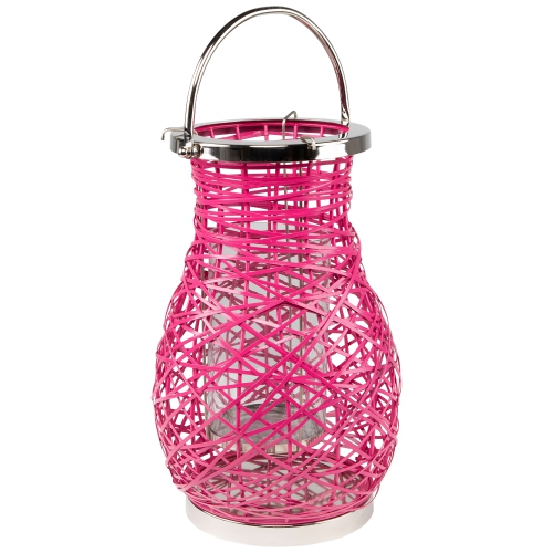 16.25" Modern Fuchsia Pink Decorative Woven Iron Pillar Candle Lantern with Glass Hurricane