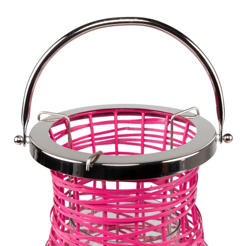 16.25" Modern Fuchsia Pink Decorative Woven Iron Pillar Candle Lantern with Glass Hurricane