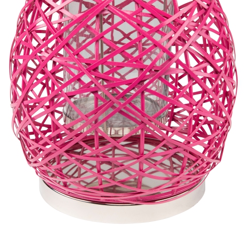 16.25" Modern Fuchsia Pink Decorative Woven Iron Pillar Candle Lantern with Glass Hurricane
