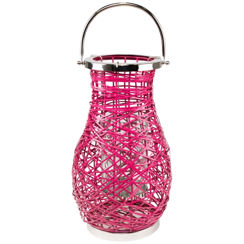 18.5" Modern Fuchsia Pink Decorative Woven Iron Pillar Candle Lantern with Glass Hurricane
