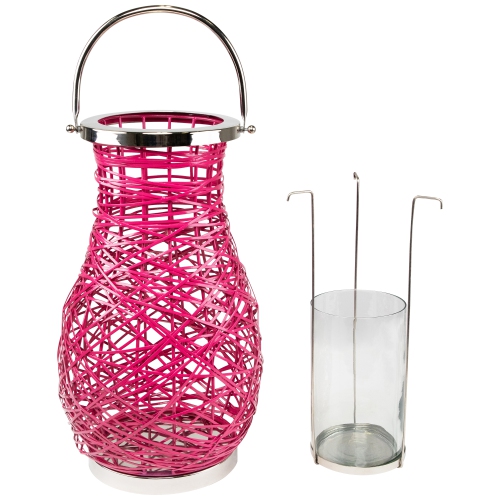 18.5" Modern Fuchsia Pink Decorative Woven Iron Pillar Candle Lantern with Glass Hurricane