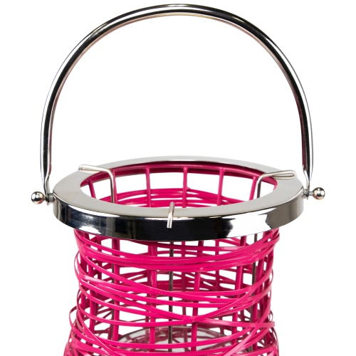 18.5" Modern Fuchsia Pink Decorative Woven Iron Pillar Candle Lantern with Glass Hurricane