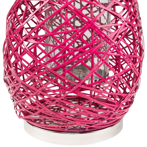 18.5" Modern Fuchsia Pink Decorative Woven Iron Pillar Candle Lantern with Glass Hurricane