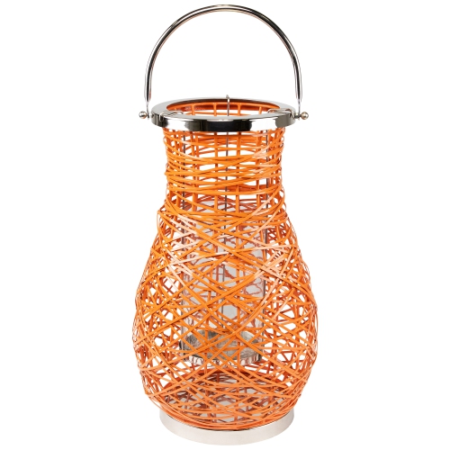 18.5" Modern Orange Decorative Woven Iron Pillar Candle Lantern with Glass Hurricane