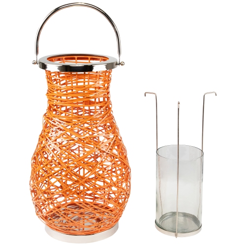 18.5" Modern Orange Decorative Woven Iron Pillar Candle Lantern with Glass Hurricane