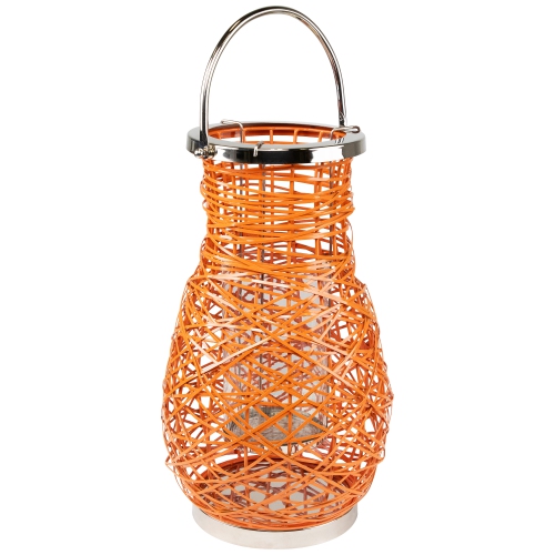 18.5" Modern Orange Decorative Woven Iron Pillar Candle Lantern with Glass Hurricane
