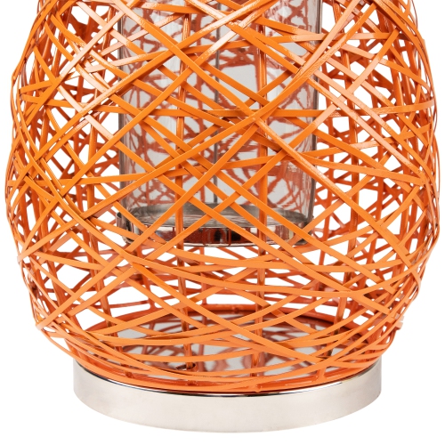 18.5" Modern Orange Decorative Woven Iron Pillar Candle Lantern with Glass Hurricane
