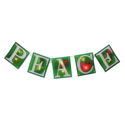 10-Count Green and Red Shimmering "PEACE" Lighted Mini Christmas Garland, 4.5ft White Wire
