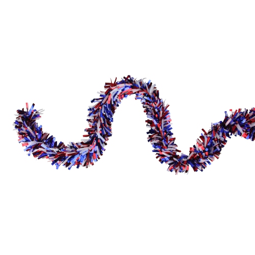 NORTHLIGHT  12' X 4" And Blue Wide Cut Patriotic Tinsel Christmas Garland - Unlit In Red