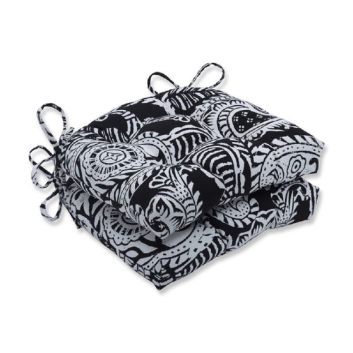 Set of 2 Black and White Paisley Design Reversible Chair Pads Indoor