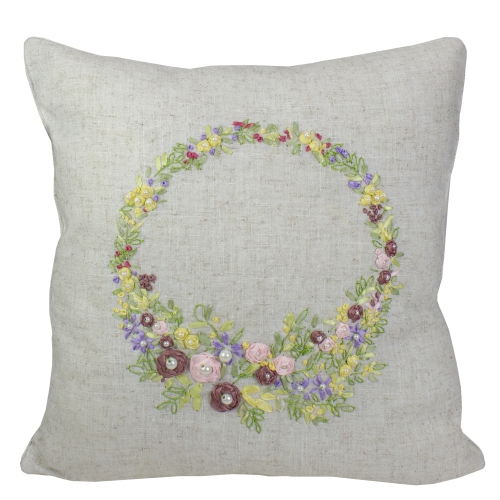 16" Square Beige Floral Wreath Throw Pillow