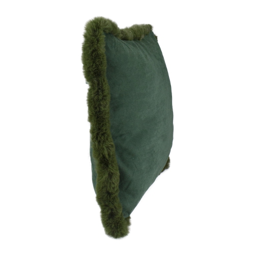 Coussin décoratif en velours vert foncé de 17 po avec bordure à franges en fausse fourrure