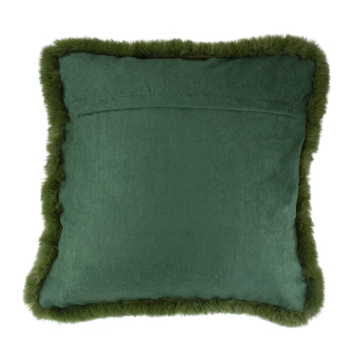 Coussin décoratif en velours vert foncé de 17 po avec bordure à franges en fausse fourrure