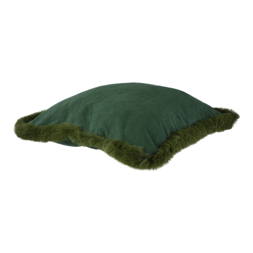 Coussin décoratif en velours vert foncé de 17 po avec bordure à franges en fausse fourrure