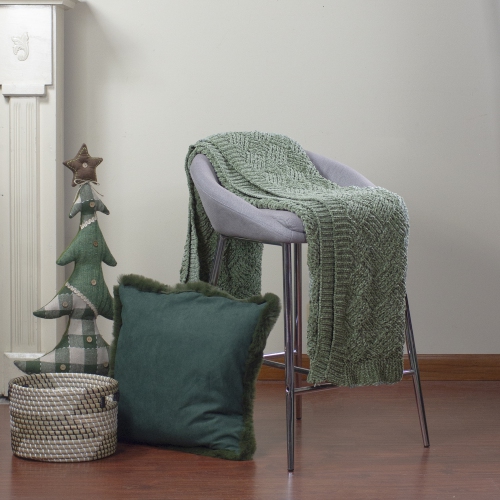 Green Chenille Cable Knit Rectangular Throw Blanket 50" x 60"