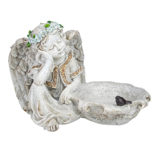 12" Gray Sitting Angel Bird Feeder Outdoor Garden Statue