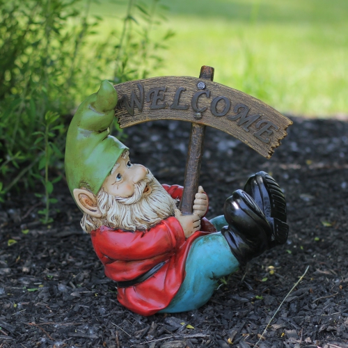 10.5" Silly Gnome with Welcome Sign Outdoor Garden Statue