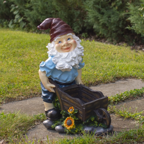 20" Blue and Brown Wheelbarrow Gnome Outdoor Garden Statue
