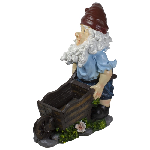 20" Blue and Brown Wheelbarrow Gnome Outdoor Garden Statue