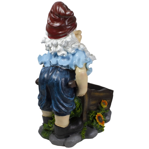 20" Blue and Brown Wheelbarrow Gnome Outdoor Garden Statue