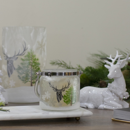 4" Deer, Pine and Snowflakes Hand Painted Flameless Glass Candle Lantern