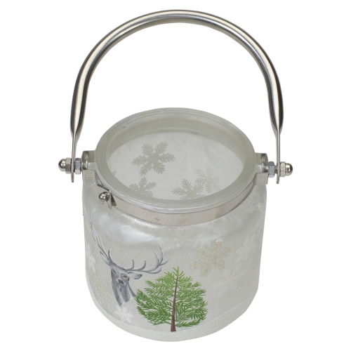 4" Deer, Pine and Snowflakes Hand Painted Flameless Glass Candle Lantern