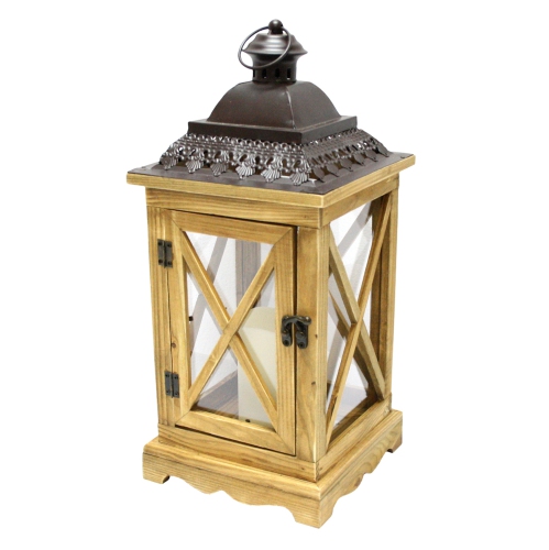 17.5" Rustic Wooden Lantern with Brown Metal Top and LED Flameless Pillar Candle with Timer