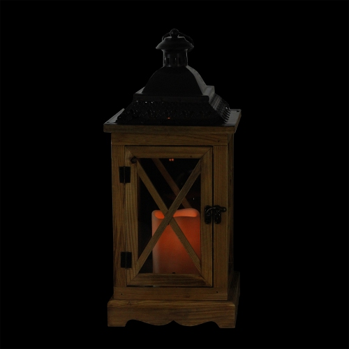 17.5" Rustic Wooden Lantern with Brown Metal Top and LED Flameless Pillar Candle with Timer