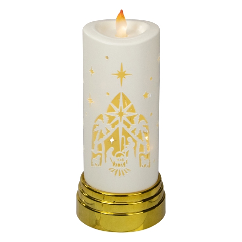 NORTHLIGHT  9" Gold And Nativity Scene Flameless Candle In White