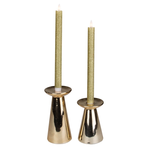 Set 2 Gold Glittered Flameless LED Taper Christmas Candles 11"