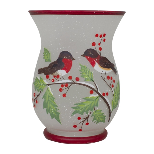 8-Inch Hand Painted Finches and Pine Flameless Glass Candle Holder