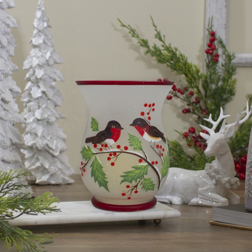 8-Inch Hand Painted Finches and Pine Flameless Glass Candle Holder