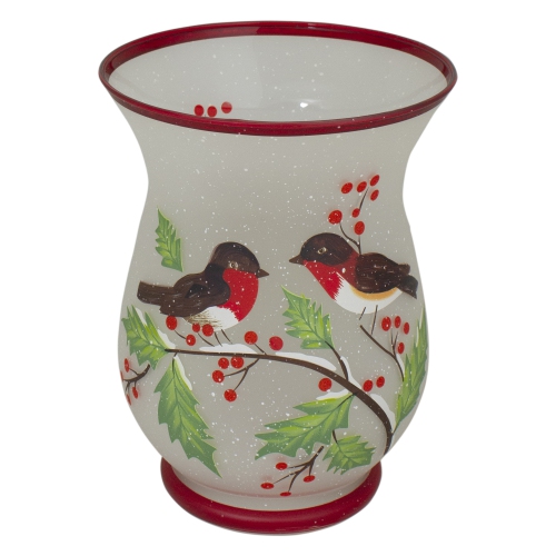 8-Inch Hand Painted Finches and Pine Flameless Glass Candle Holder