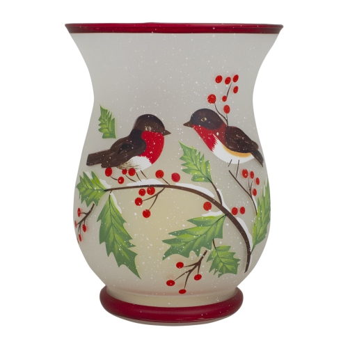 8-Inch Hand Painted Finches and Pine Flameless Glass Candle Holder