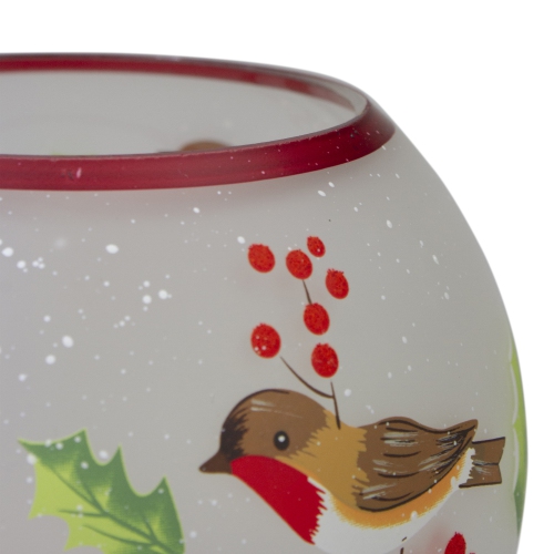 5-Inch Hand Painted Finches and Pine Flameless Glass Candle Holder