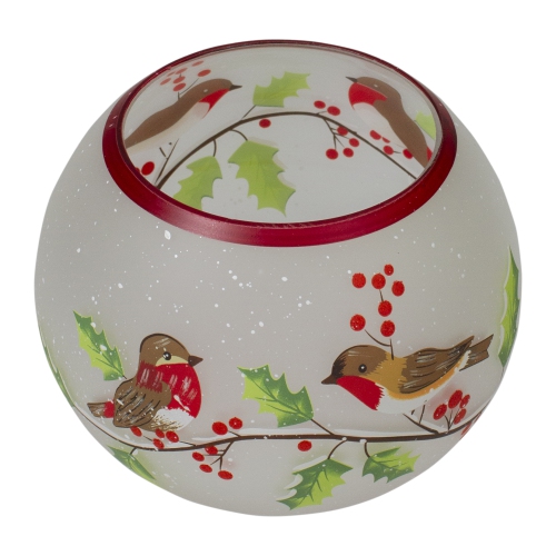 5-Inch Hand Painted Finches and Pine Flameless Glass Candle Holder