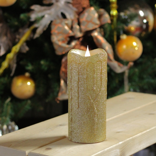 7" Battery operated Gold Glittered Flameless LED Christmas Pillar Candle with Moving Flame