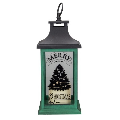 NORTHLIGHT  12" And Black Led Candle With Christmas Tree Tabletop Lantern In Green